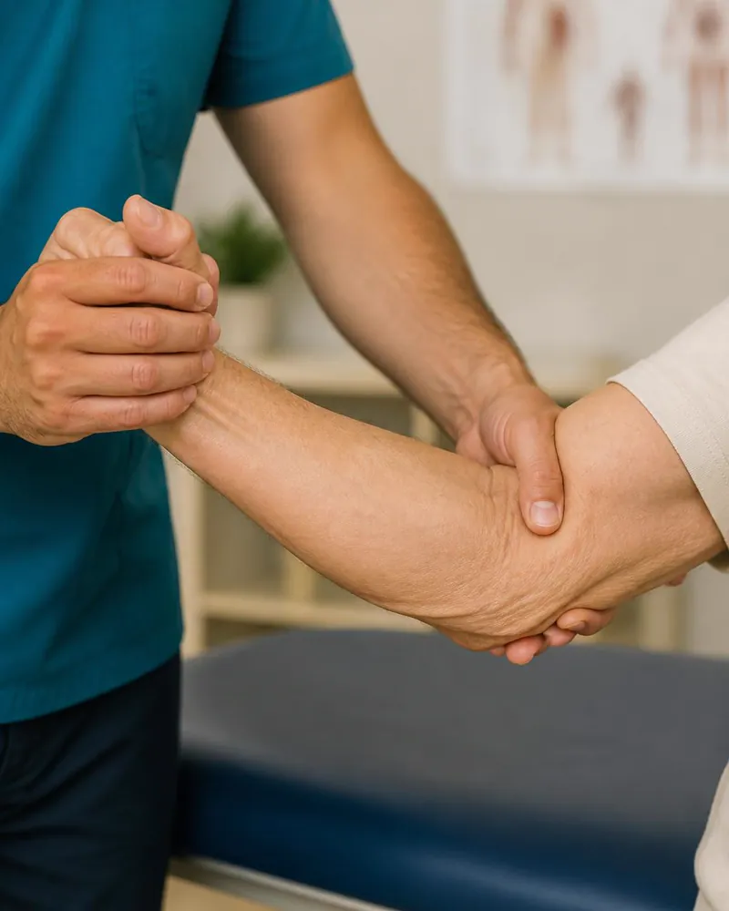 Fisioterapeuta guiando mobilização neural no braço de uma idosa